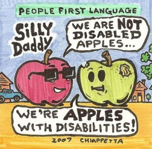 a red and green apple discuss people first language