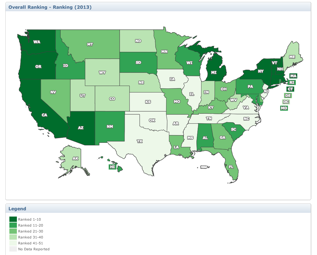 US map showing overall state rankings for disability services